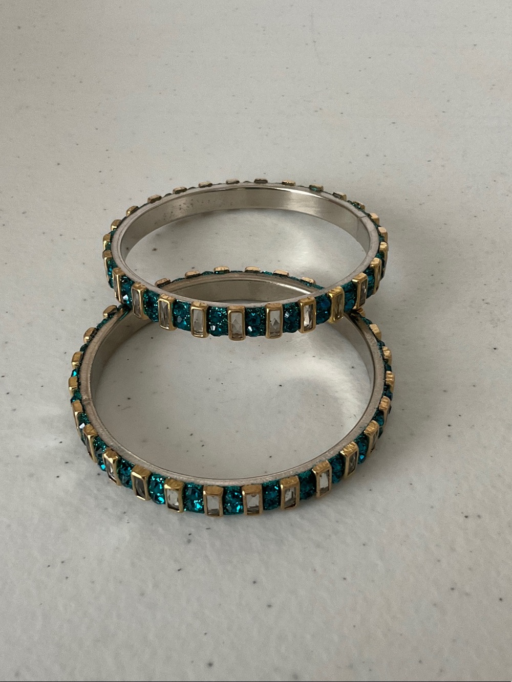 Silver Tone Turquoise Crystal Bangle Stackable Bracelet Set